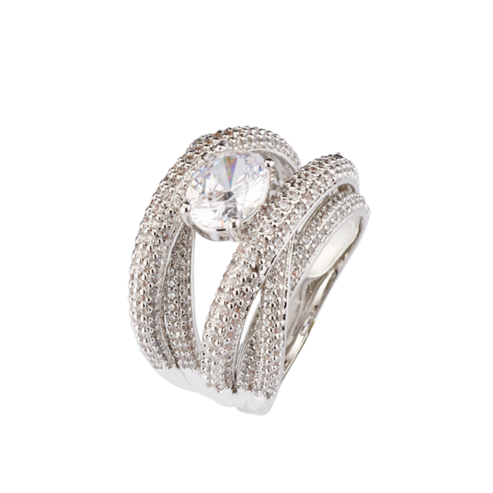 Anello Sovrani aperto in ottone finitura rodio e zirconi