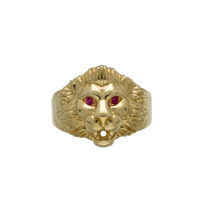 Anello Oro 18 kt Uomo testa di leone con zirconi fucsia