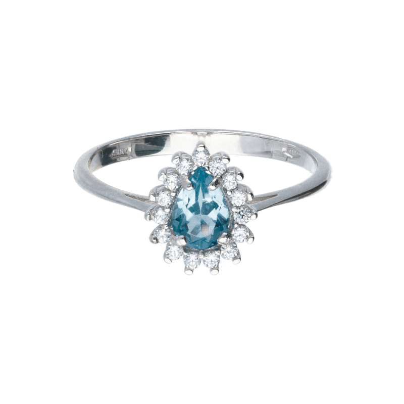 Anello Oro 18 kt Donna bianco con Zircone Azzurro a Goccia