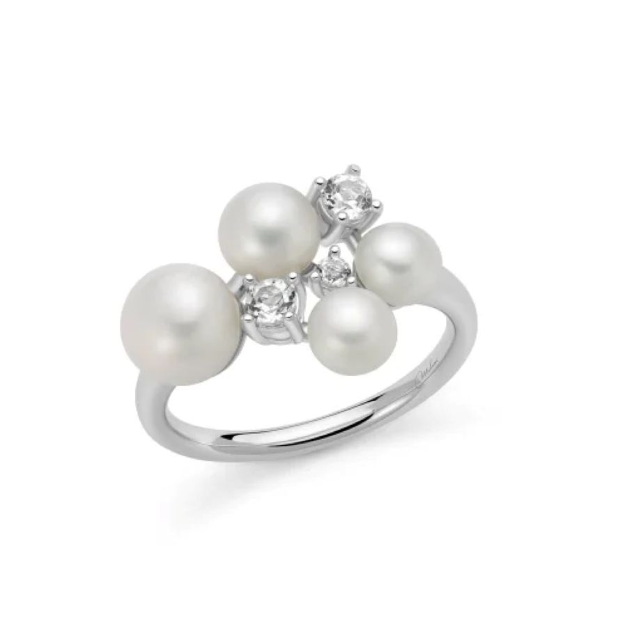 Anello Miluna ndromeda con quattro perle Oriente e topazi bianchi mis 14