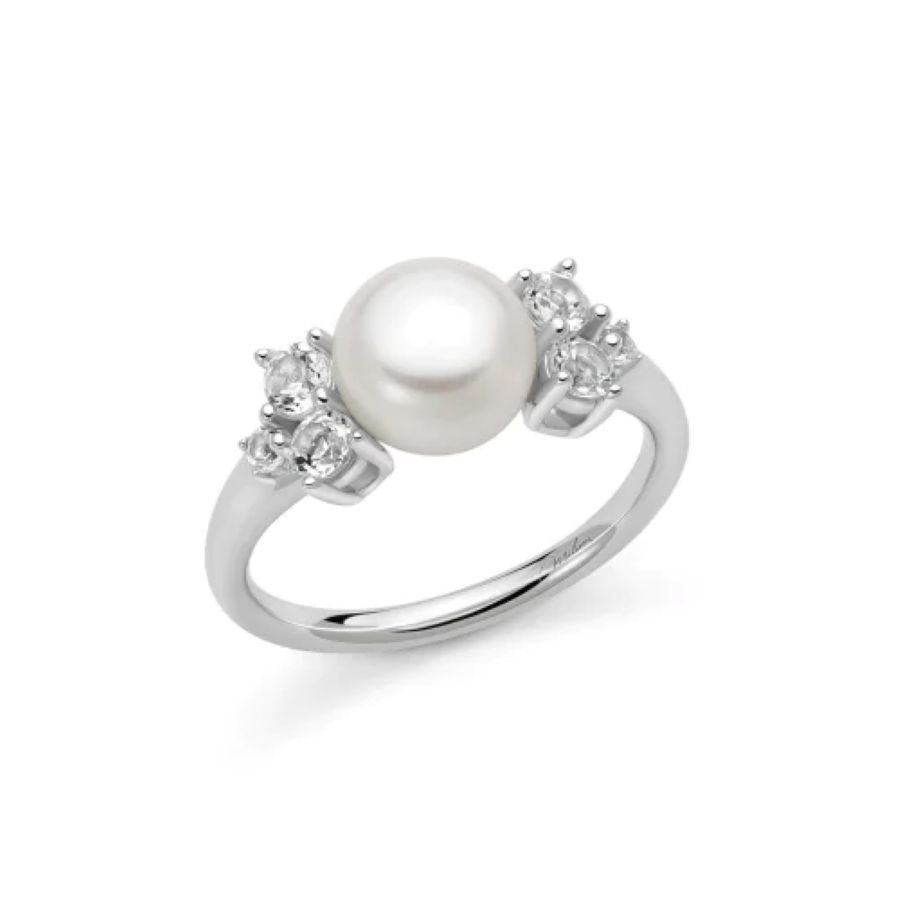 Anello Miluna Andromeda con perla Oriente circondata da topazi bianchi mis 14