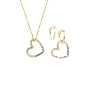Set Amen Dorato Collana e Orecchini Due Cuori in Ottone con Zirconi Rainbow